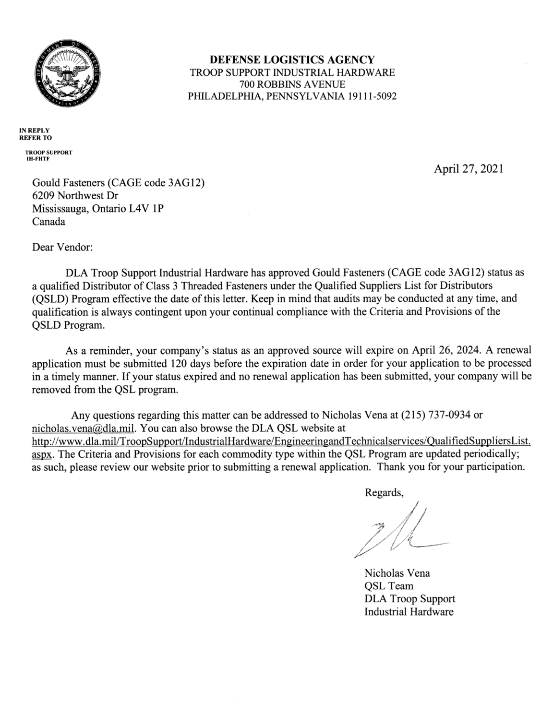 Gould Fasteners QSLD Letter