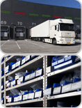 Image of Truck parked at warehouse and shelves with blue stock bins